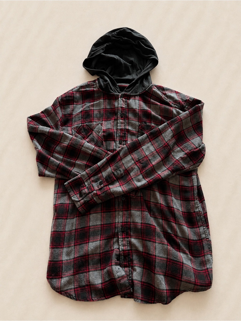 burnside Black & Red Plaid Hooded Button-Down Shirt